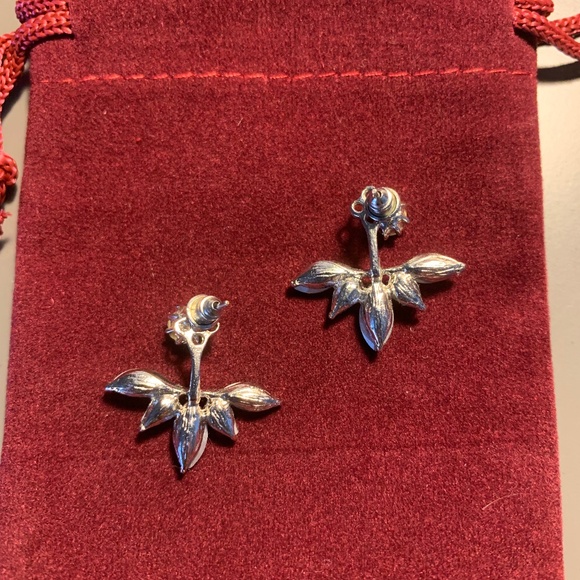 Crystal Jacket Earrings | Silver Tone Stud & Leaf Cluster Drop, Two-Piece Design - Picture 3 of 4